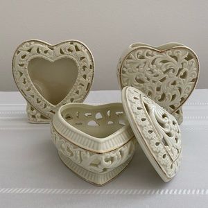 Heart Shape Trio Porcelain Ivory 24K Gold Trim Trinket Box, Picture Frame,Vase
